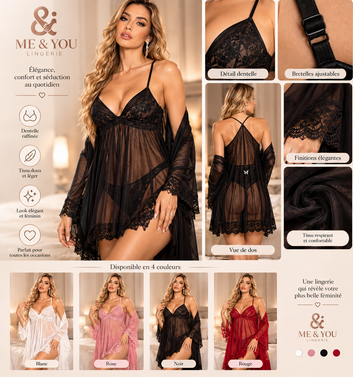 Ensemble Nuisette & Peignoir en Dentelle 8286 – 4 Couleurs