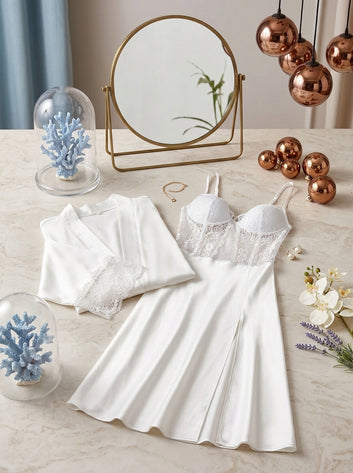 Ensemble Baby Doll Satin Blanc – Nuisette & Robe de Chambre